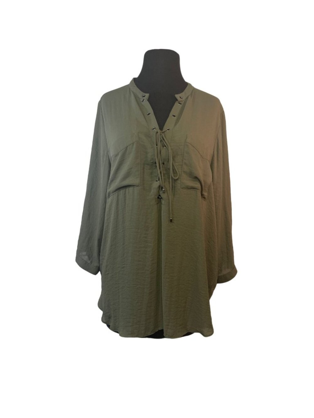 ANA A New Approach Olive Green Lace Up 3/4 Sleeve Blouse.